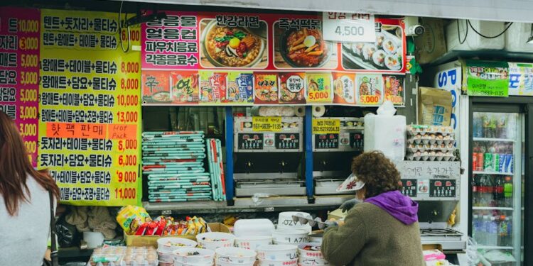 A vibrant Korean street food stall in Seoul, showcasing local culture and cuisine.